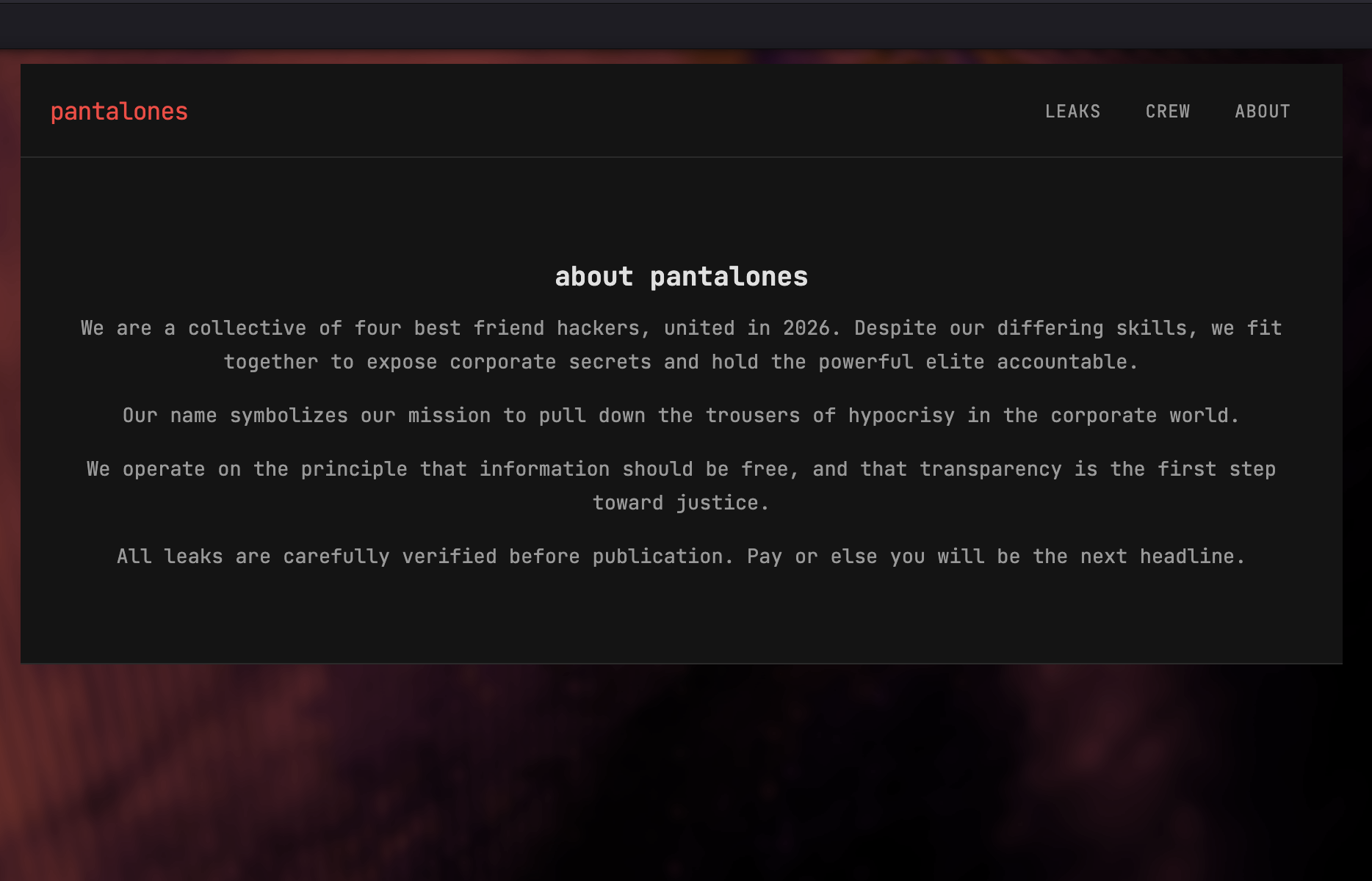 Pantalones about page describing the ransomware crew